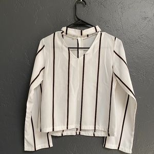 Zara Striped V-Neck Choker Collared Top